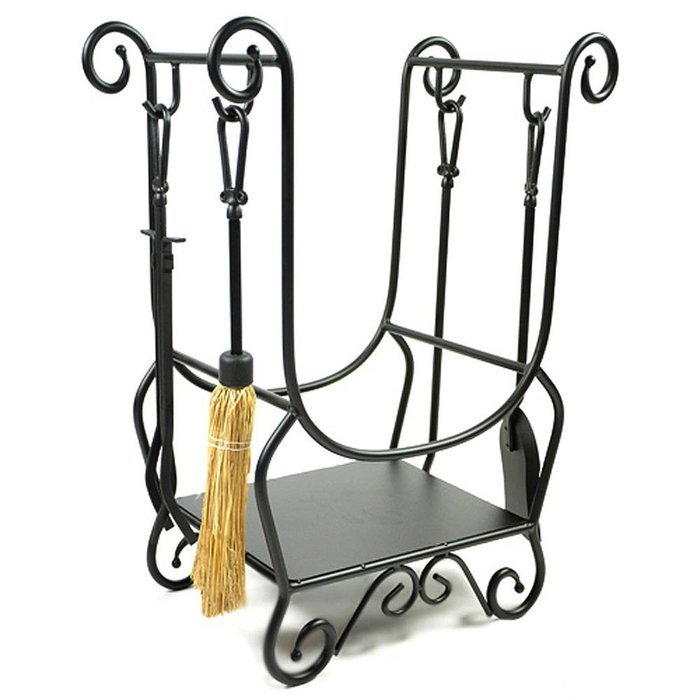 WoodEze HR26216A Scroll Wrought Iron Firewood Rack with Fireplace Tools & Fire Starter Shelf | Black Finish N3