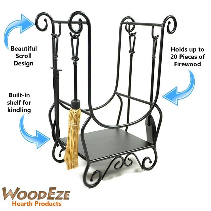 WoodEze HR26216A Scroll Wrought Iron Firewood Rack with Fireplace Tools & Fire Starter Shelf | Black Finish N4
