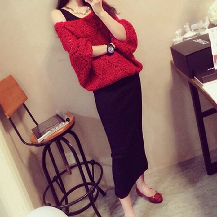 KAKA(TM) Girl Women Spring Autumn Stylish Wide Neckline Red Batwing Sleeve Hollow Pattern Sweater XL N2