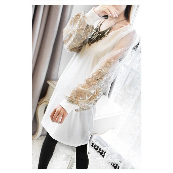 Spritech(TM) Fashion Women's Scoop Neck Long Vintage Puff Sleeve Slim Retro Dress White XXL