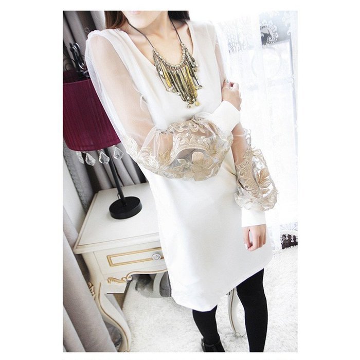 Spritech(TM) Fashion Women's Scoop Neck Long Vintage Puff Sleeve Slim Retro Dress White XXL N2