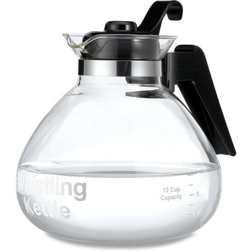 Glass 12-cup Stovetop Whistling Tea Kettle With A Trivet For Safe Use On Coil Burners.