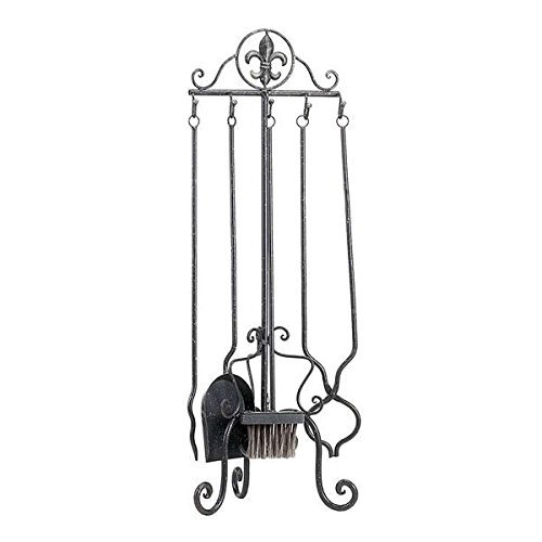 Brown Finish Fleur De Lis Iron Fireplace Tool Set Features A 5-piece Set, Includes A Poker, Brush, Log Lifter...