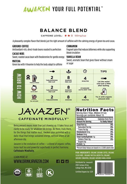 Javazen Balance | Direct Trade, Light Roast, Ground Coffee with Matcha Green Tea and Raw Cacao Nibs | USDA Certified... N2