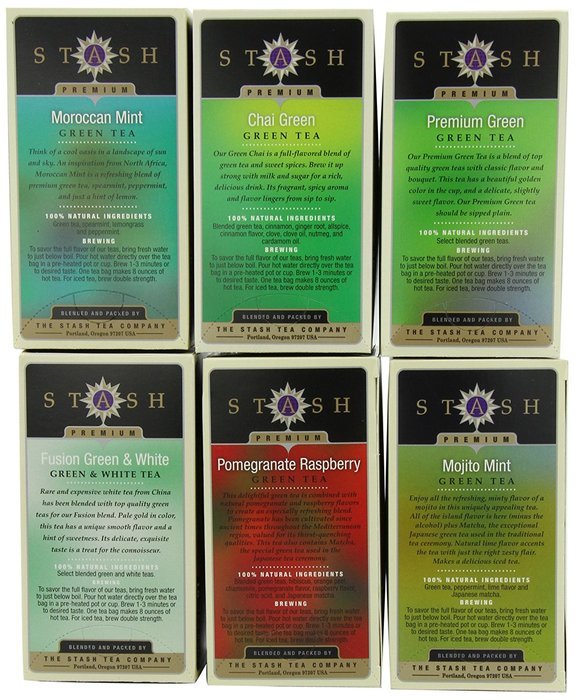 Stash Tea Green Tea Six Flavor Assortment, 18-20 Count Tea Bags in Foil (Pack of 6) N2