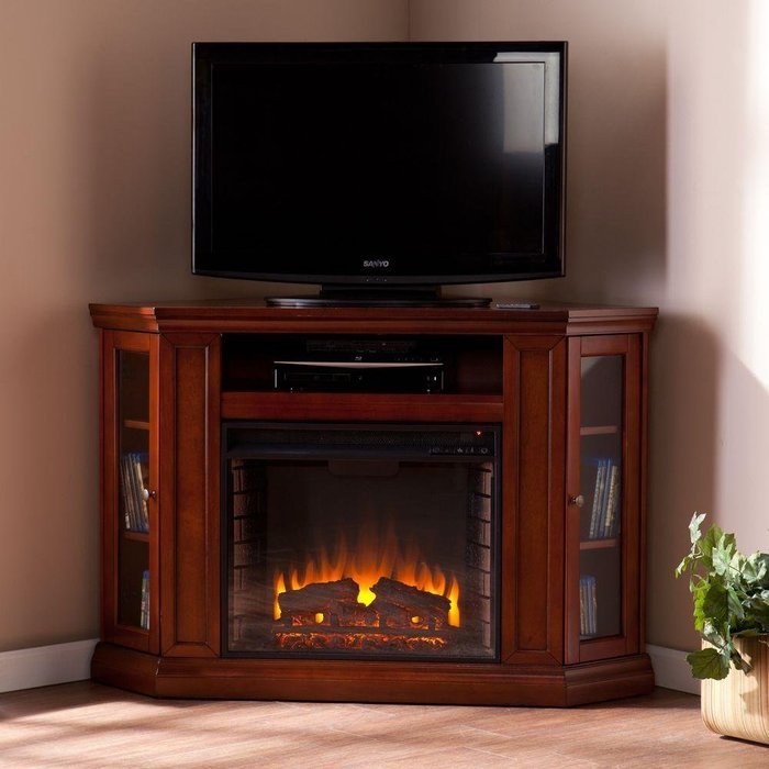 Carter 48 in. Convertible Indoor Mahogany Brown Electric Media Console Wall Mounted or Corner Fireplace, For TV... N3