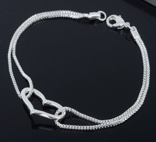 Silver Heart Love Pendant Box Chain Bracelet Pretty Jewelry Women's