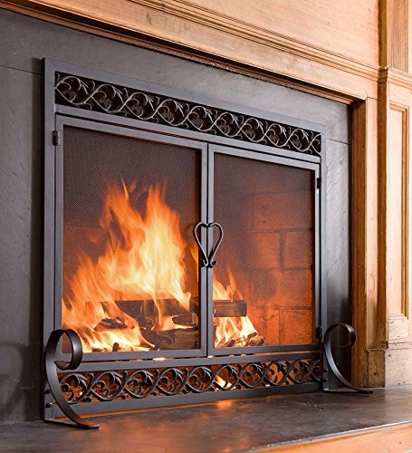 Large Cast Iron Scrollwork Fire Screen With Doors, in Black