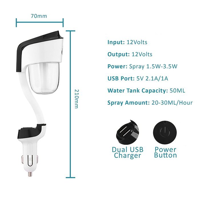 Car Humidifier with Dual USB Charger, Multi-Function Ultrasonic Car Humidifier + Essential Oil Aroma Diffuser...