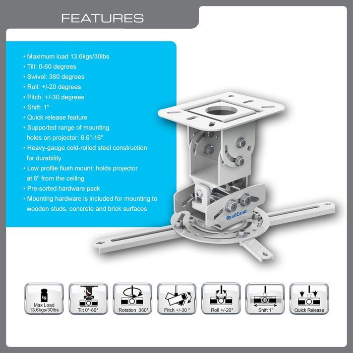 QualGear PRB-717-WHT Universal Ceiling Mount Projector Accessory N8