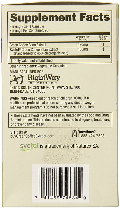 RightWay Nutrition Green Coffee Bean Extract Capsules, 90 Count N3