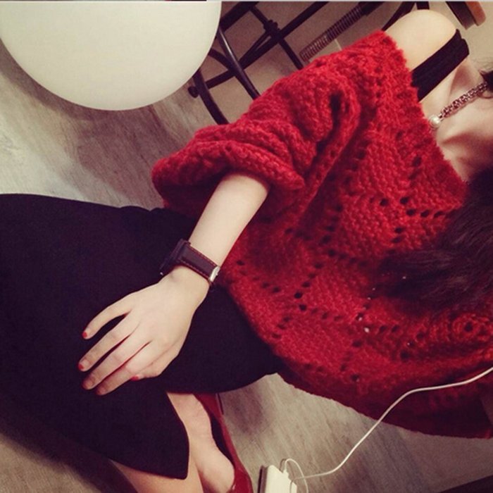 KAKA(TM) Girl Women Spring Autumn Stylish Wide Neckline Red Batwing Sleeve Hollow Pattern Sweater XL N8