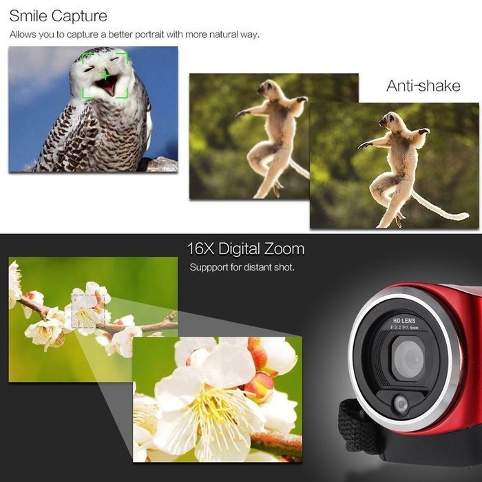 YBLUESKY 16mp Digital Video Camcorder with 16x Zoom and 2.7'' TFT LCD Rotation Screen Digital Camera HD 720P，Red N2