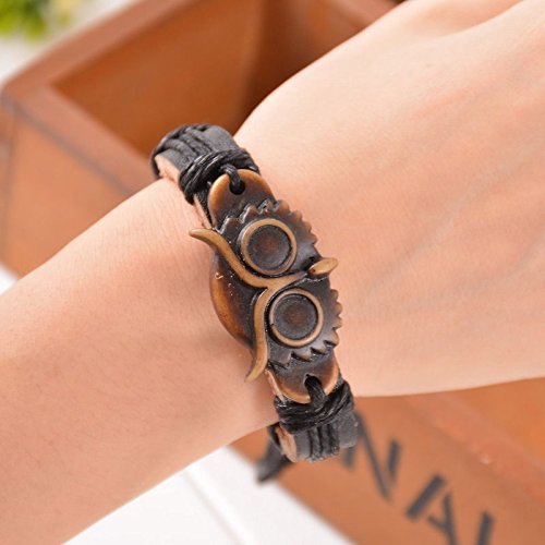 1PC New Men Punk Vintage Leather Handmade Owl Black Bracelet Chains N2