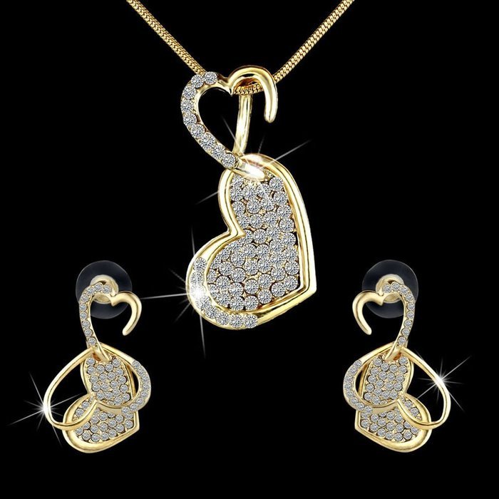 Promise Jewelry Set Gold Plated Crystal Double Heart Necklace+Earrings Wedding N2