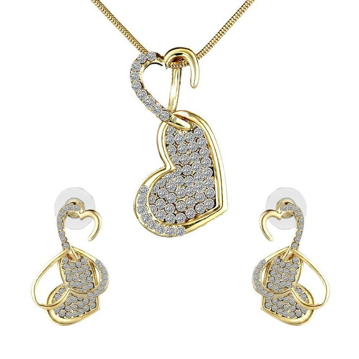Promise Jewelry Set Gold Plated Crystal Double Heart Necklace+Earrings Wedding N4
