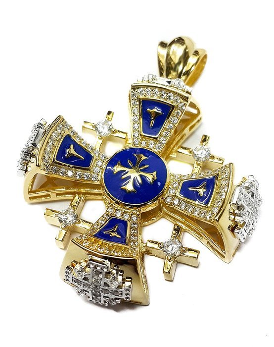 Gold With Silver Plated Jerusalem Cross Pendant Necklace Blue Enamel Swarovski