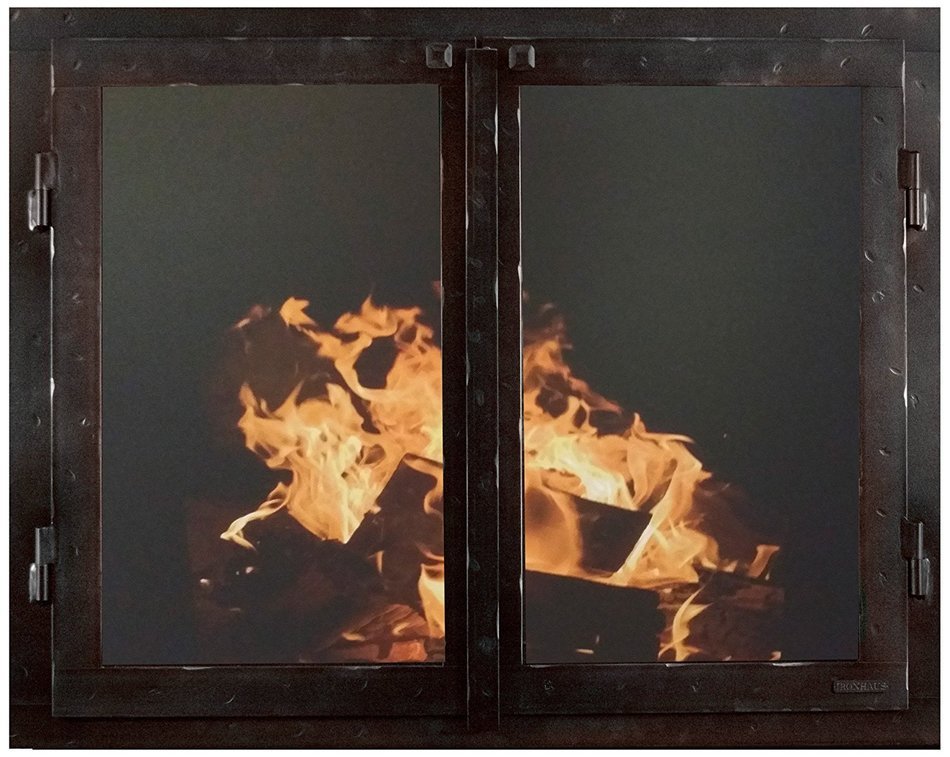 Ironhaus Iron Fireplace Glass Door with Gate Mesh with 2 1/2" Frame In Hammered Black Copper Finish, Cabinet (...