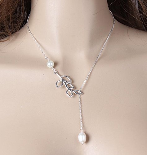 Lady's Charm Simple Leaves Pearl Statement Choker Silver Chain Necklace Jewelry