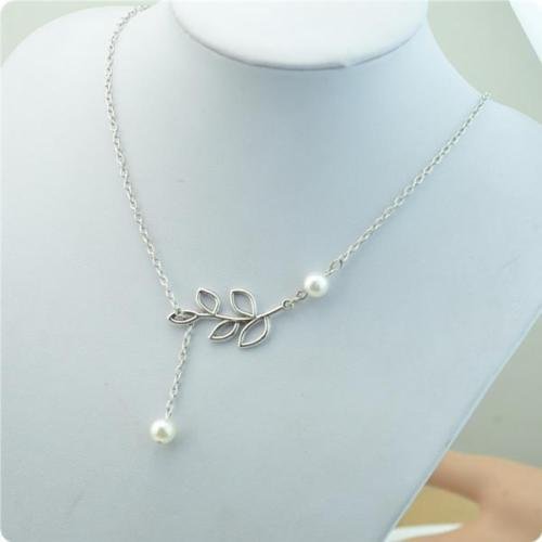 Lady's Charm Simple Leaves Pearl Statement Choker Silver Chain Necklace Jewelry N2
