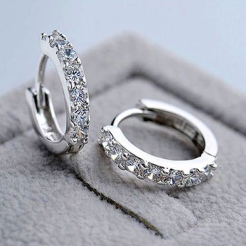 Women Jewelry White Gemstones Crystal 925 Silver Plated Hoop Earrings Fashion