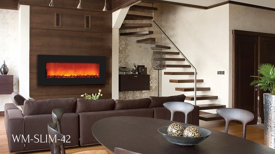 Sierra Flame Slim Wall Mount Electric Fireplace with 42" x 18" Black Glass Surround