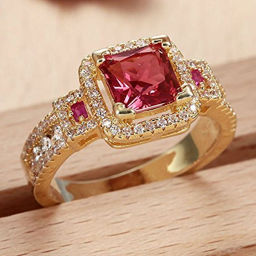 New Women Fashion 18k Yellow Gold Plated Princess Cut Ruby Ring Wedding Jewelry (7)