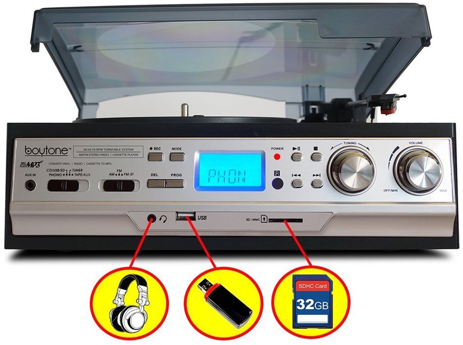 Boytone BT-17DJS-C,6 IN1,3 Speed Stereo Turntable 2 Built in Speakers Digital LCD Display AM/FM Radio + Supports...