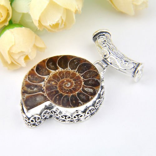 NEW Amazing Handmade Natural Ammonite Fossil Gemstone Vintage Silver Pendant 2" N2