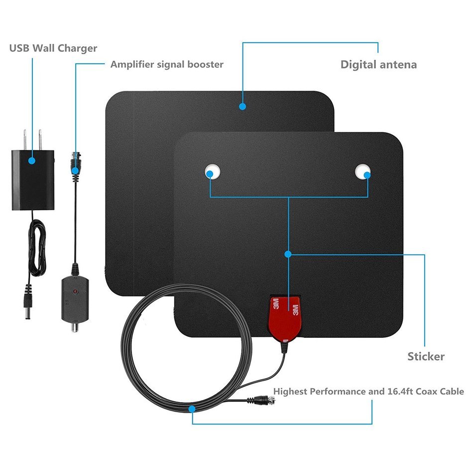 Amplified HDTV Antenna, E-More Indoor HDTV Antenna 50Miles Long Range Amplifier Signal Booster with Detachable... N7