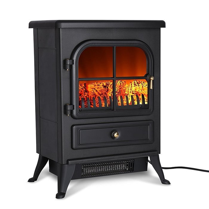Finether 1500W Freestanding Portable Electric Fireplace Stove Heater with Openable Door, Realistic Flame and Logs... N3
