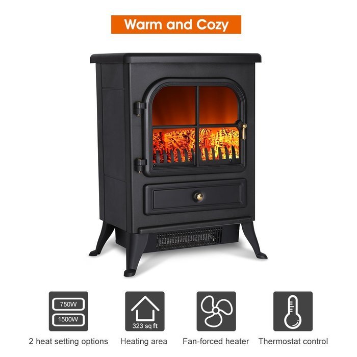 Finether 1500W Freestanding Portable Electric Fireplace Stove Heater with Openable Door, Realistic Flame and Logs... N4