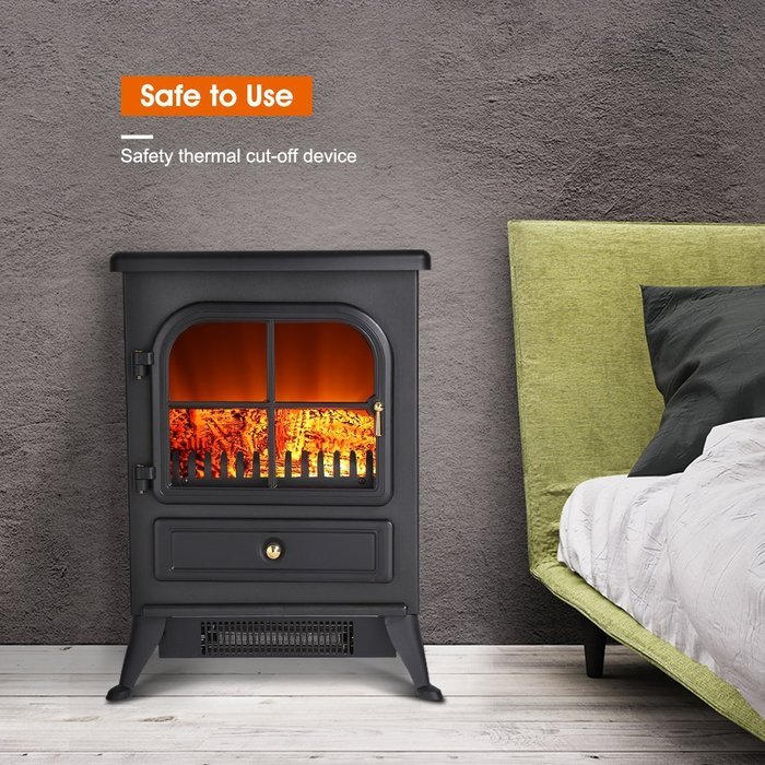 Finether 1500W Freestanding Portable Electric Fireplace Stove Heater with Openable Door, Realistic Flame and Logs... N5
