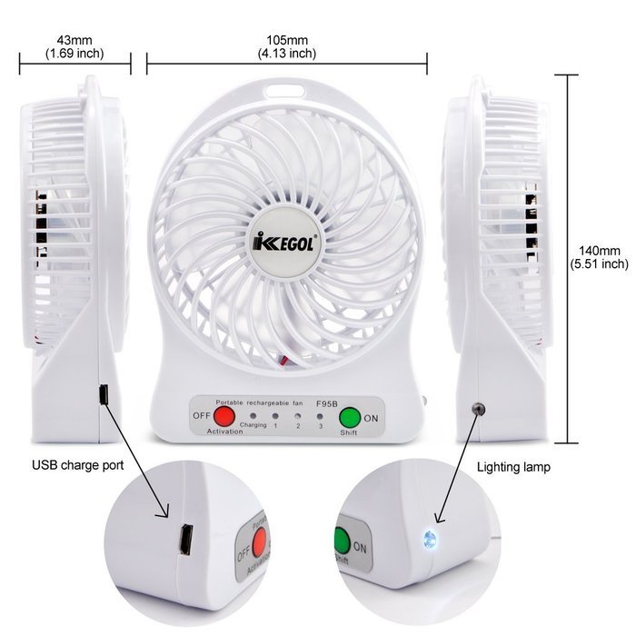 iKKEGOL Mini Portable Personal Table Fan for Office Outdoor Travel, 4-inch, Rechargeable (White) N2