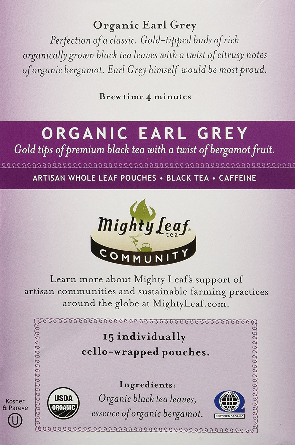 Mighty Leaf Organic Earl Grey Tea 15 Tea Bags, 1.32oz (37.5g) N2