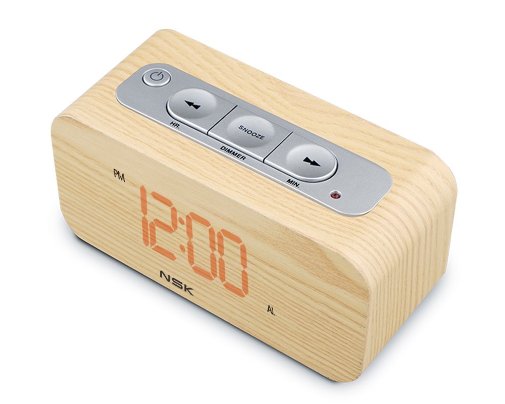 NSK Wood Grain Clock Radio Stereo Audio Speaker Dual Alarm Sleep Memory