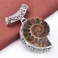 NEW Amazing Handmade Natural Ammonite Fossil Gemstone Vintage Silver Pendant 2" N3