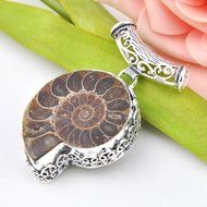 NEW Amazing Handmade Natural Ammonite Fossil Gemstone Vintage Silver Pendant 2" N4