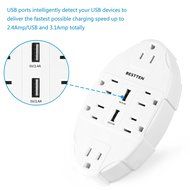 Bestten 6 Outlet Socket Wall Mount Surge Protector with Dual USB 3.1A Port Wall Charger N3