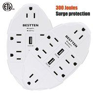 Bestten 6 Outlet Socket Wall Mount Surge Protector with Dual USB 3.1A Port Wall Charger N4