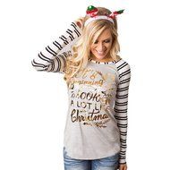 AIMTOPPY Women Fashion Letter Print Stripe Round Collar Cotton Long Sleeve Casual Tops (S, Red) N5