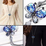 Women's Tassel Necklace Rhinestone Blue Butterfly Pendant Long Chain Divine
