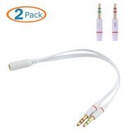 HTTX 3.5mm Female to 2 Male Gold Plated Headphone Mic Audio Y Splitter Flat Cable, (Black, 2-Pack)
