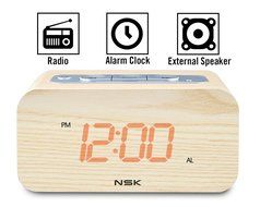 NSK Wood Grain Clock Radio Stereo Audio Speaker Dual Alarm Sleep Memory Function