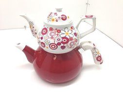 3 Pieces Tea Kettle Set-Family Size,Enamel,Stove Top, Tugra Kirmizi Inci N3