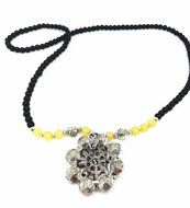 QTMY flower Rose diamond Black bead Choker Necklace long Chain Bohemian Jewelry with Pendant N7