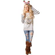 AIMTOPPY Women Fashion Letter Print Stripe Round Collar Cotton Long Sleeve Casual Tops (S, Red) N12