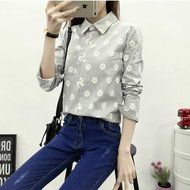 KAKA(TM) Girl Women Spring Autumn Long Sleeve Blouses Printing Flower Shirt White M N8