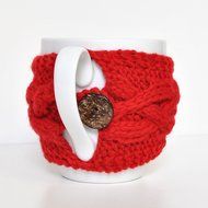 Gifts Under 10, Teacher Gift, Stocking Stuffer, Cabled cup cozy, mug hugger, coffee warmer, cup cozy Red