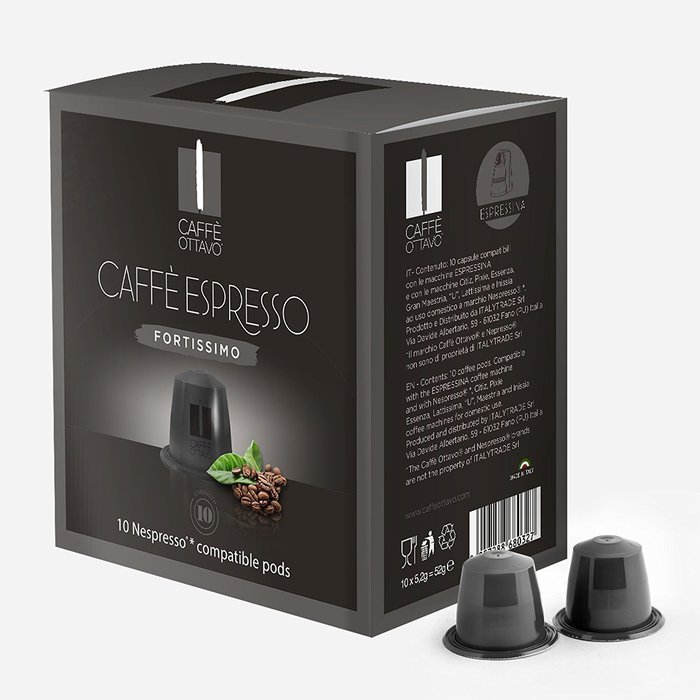 Nespresso Compatible Coffee Capsules (Pods)- Caffe Ottavo 100 Pack of Fortissimo - Robust